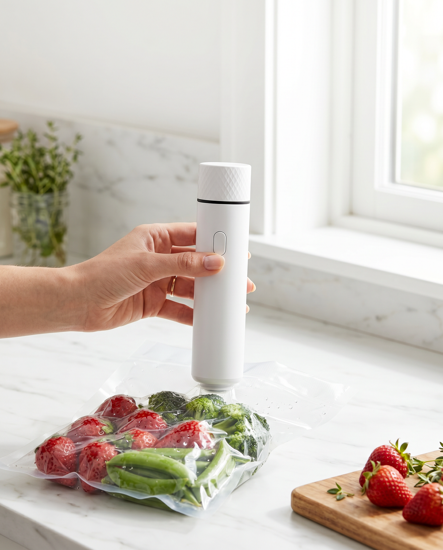 FreshSeal handheld vacuum sealer vacuum-sealing a bag of fresh strawberries on a kitchen counter