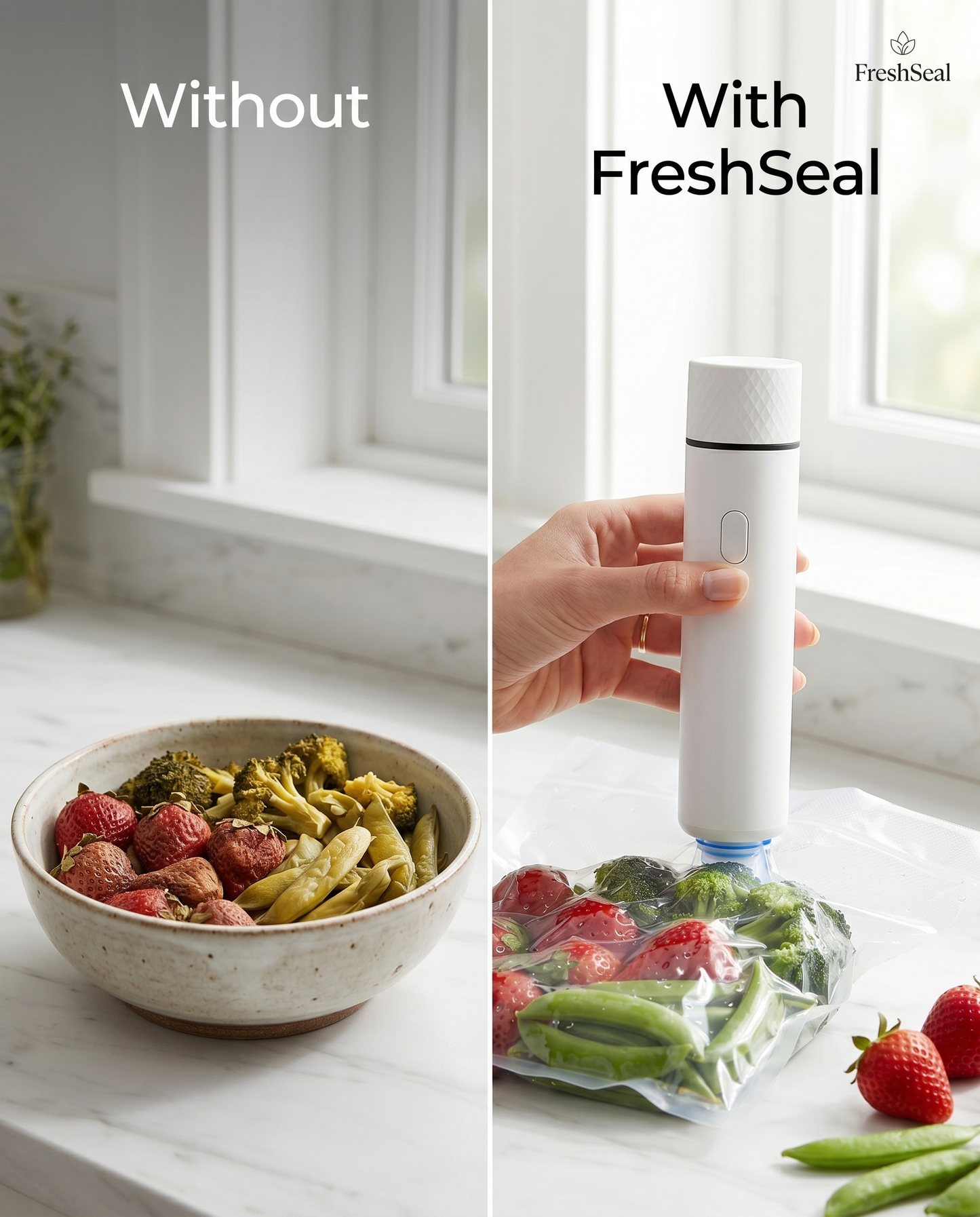 Before and after comparison showing food staying fresh longer with FreshSeal vacuum sealing