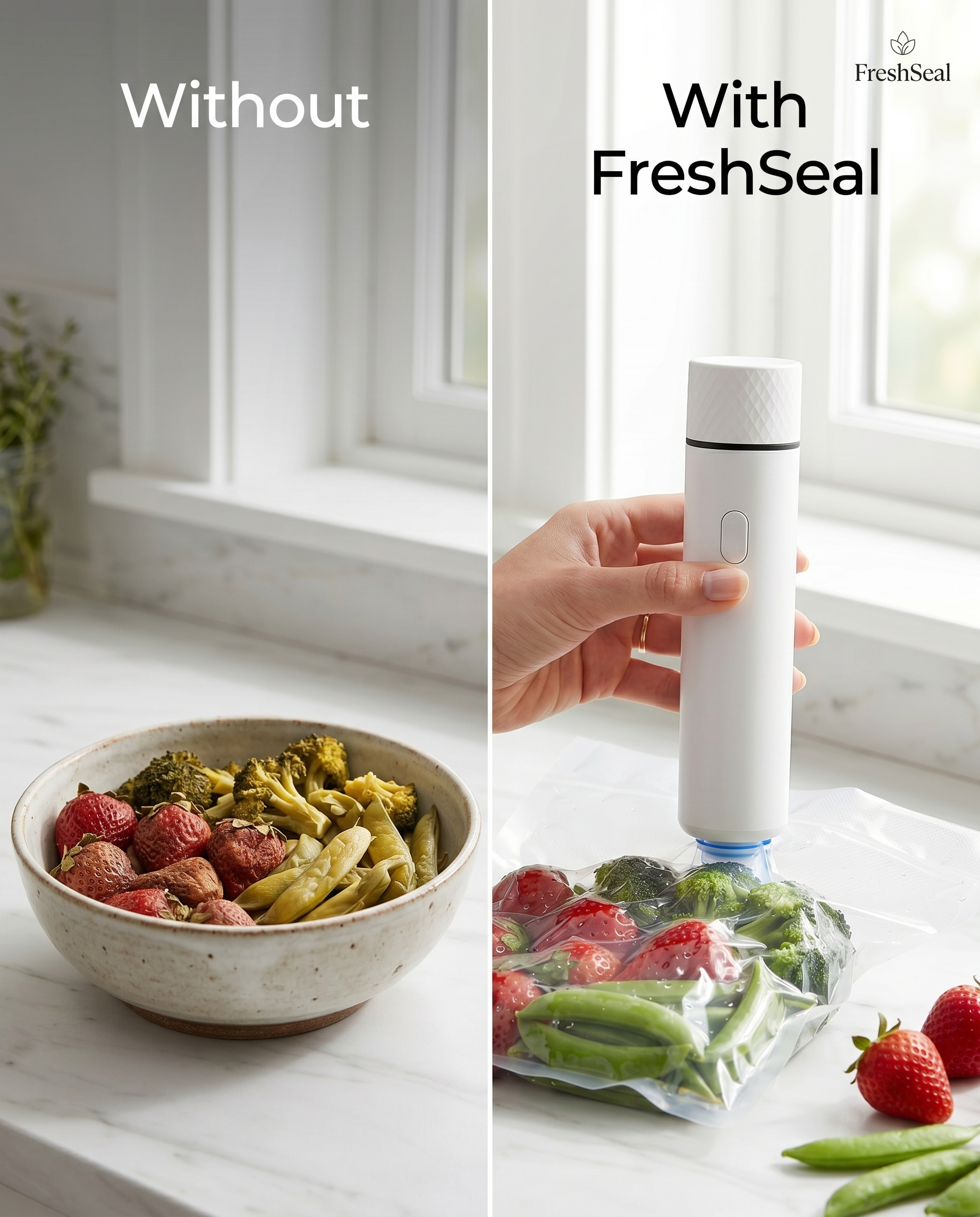 Before and after comparison showing food staying fresh longer with FreshSeal vacuum sealing