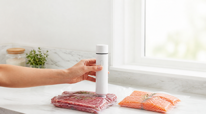 FreshSeal vacuum-sealed bag of fresh meat on a kitchen counter