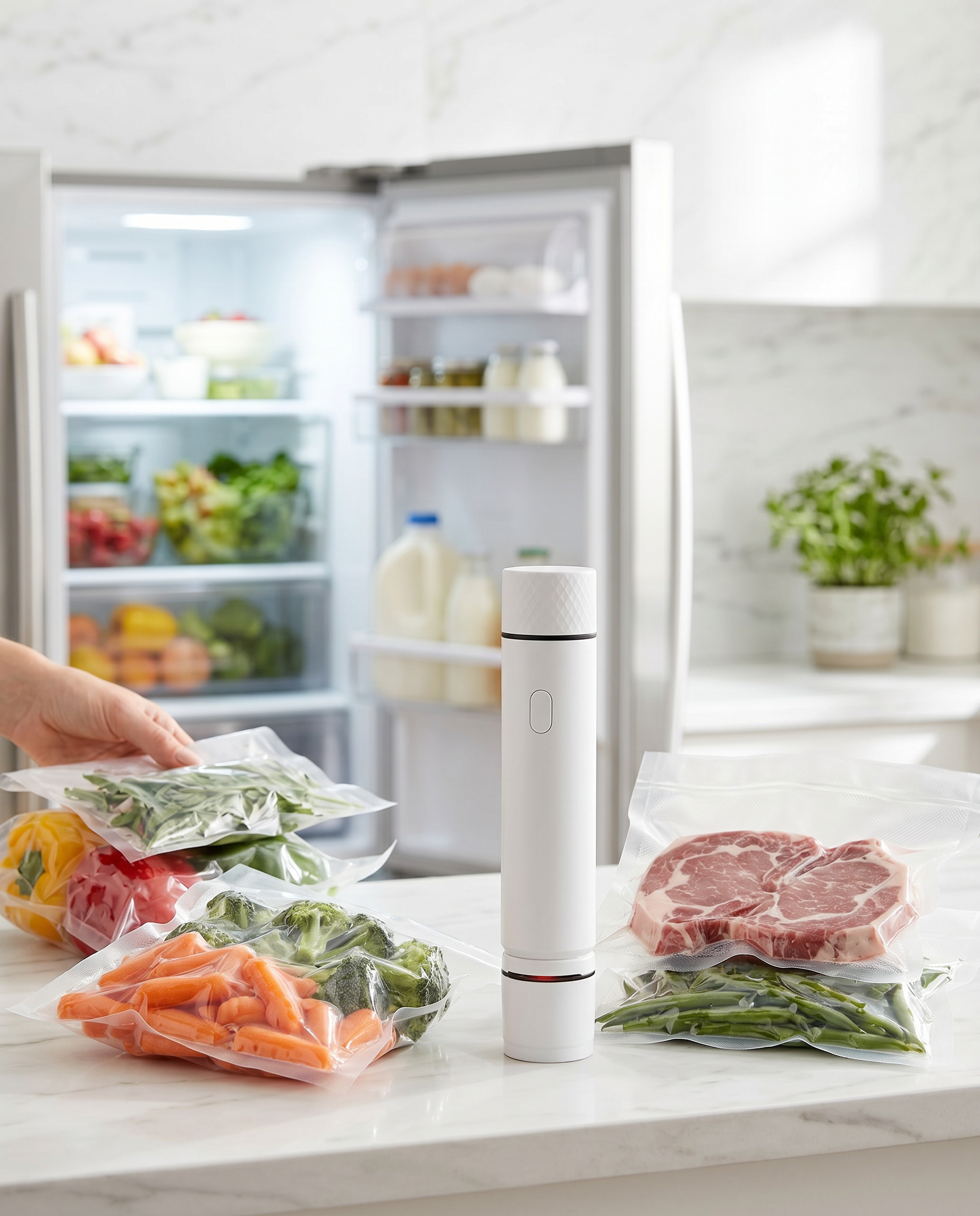 Refrigerator stocked with FreshSeal vacuum-sealed bags of food staying fresh