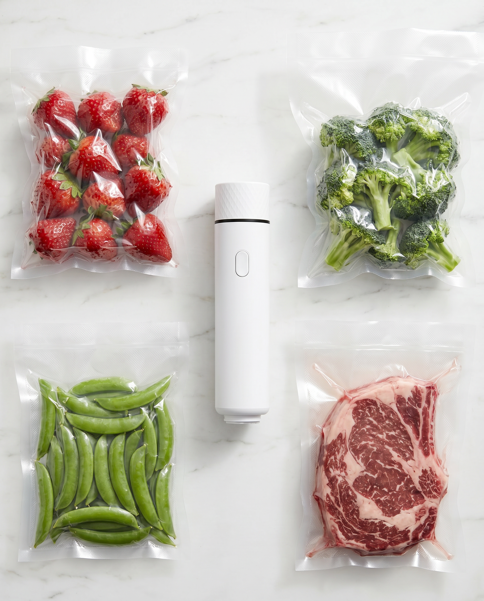 Flat lay of FreshSeal vacuum-sealed bags of meat and produce on a counter